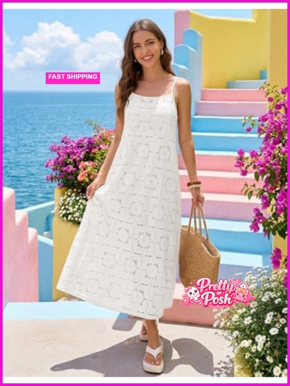 Sleeveless Floral Lace Eyelet Boho Beach Maxi Dress with Pockets - Picture 3 of 6
